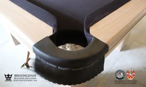 The Fender-Art Deco, handmade pool table,natural oak, black baize, closeup view